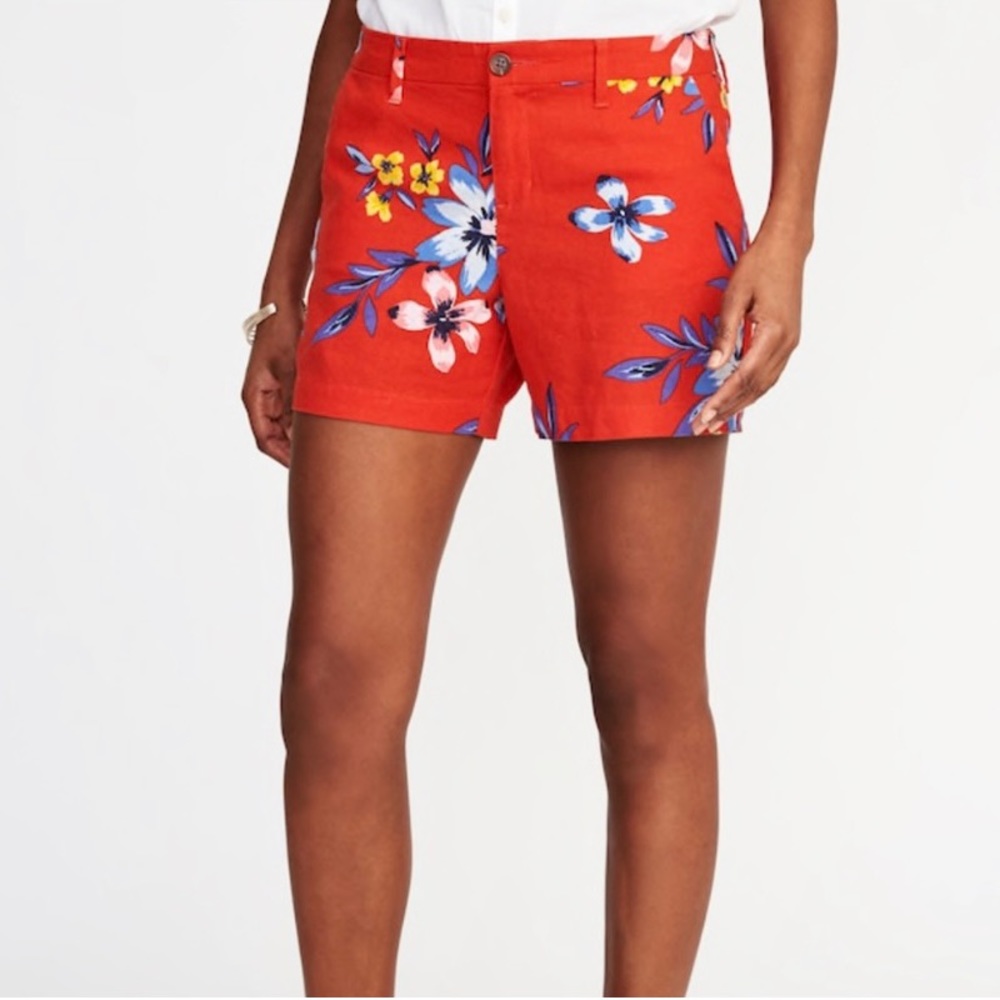 OLD NAVY Red Floral Hawaiian Print Linen Blend Everyday Short Women's Si…